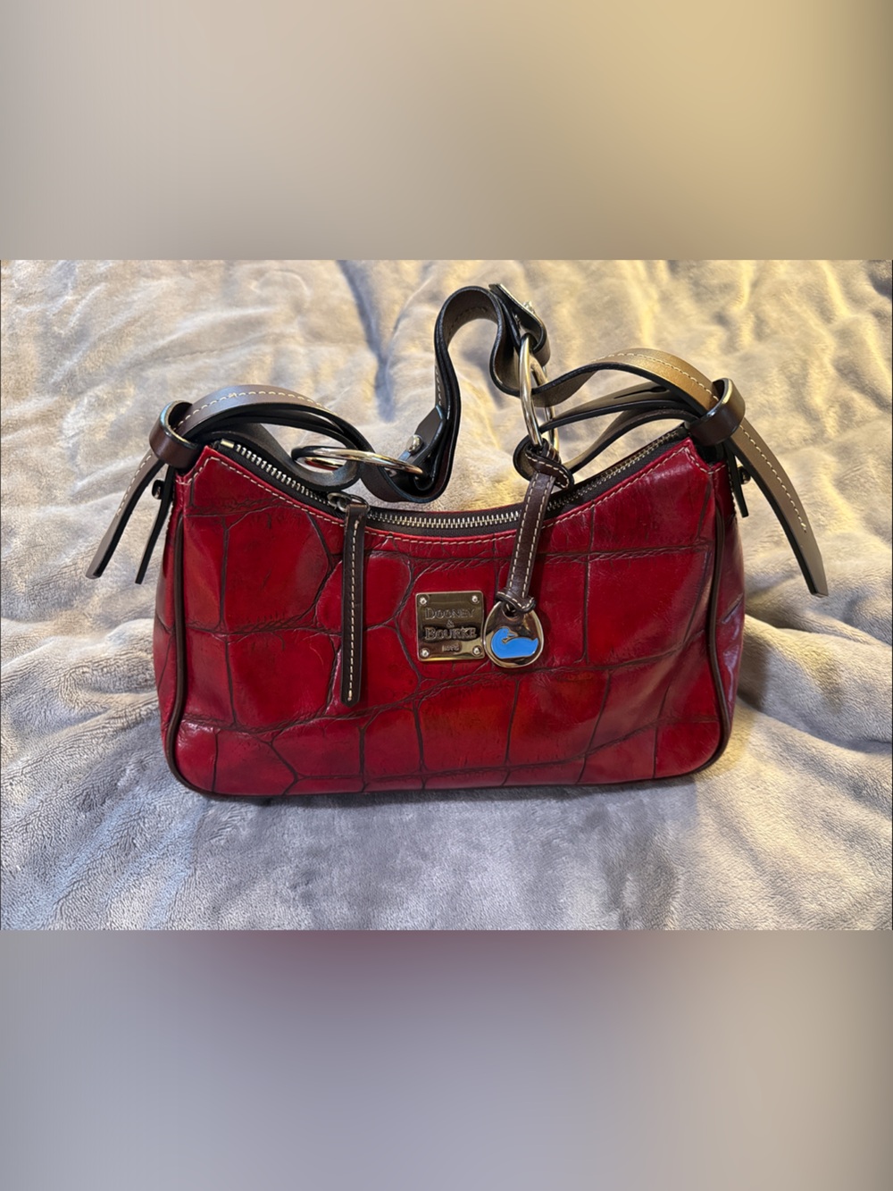 Dooney & Bourke Red Croc-Embossed Shoulder Bag with Dark Trim